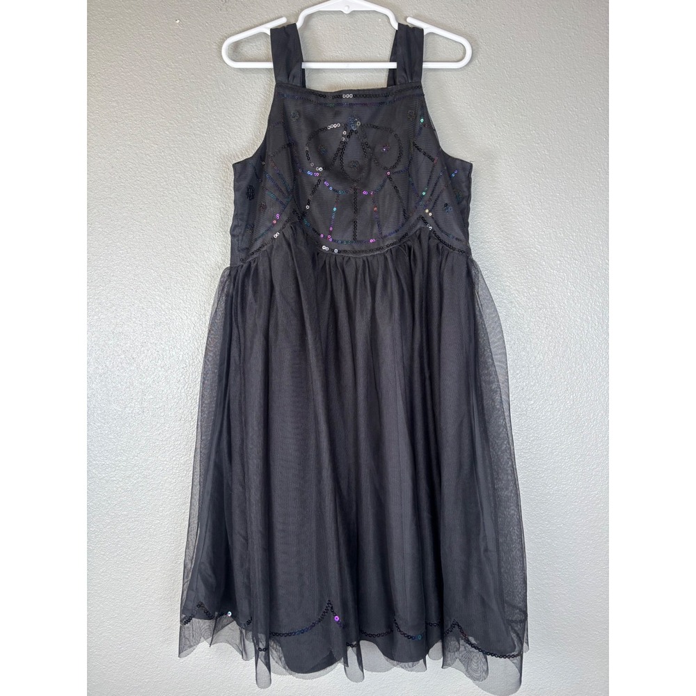 H and M Girls Black Tulle Sequin Spiderweb Party Dress Sz 8-9Y Halloween Gothic